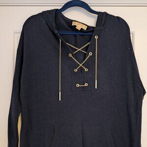 MICHAEL KORS DARK MIDNIGHT BLUE+GOLD TONE CHAIN HOOD SWEATER SHIRT-SIZE Large